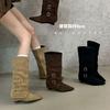 2025Vintage Suede Women Trouser Legs Boots Belt Buckle Slip On Shoes Autumn Winter Wedges Heel Ladies Long Booties