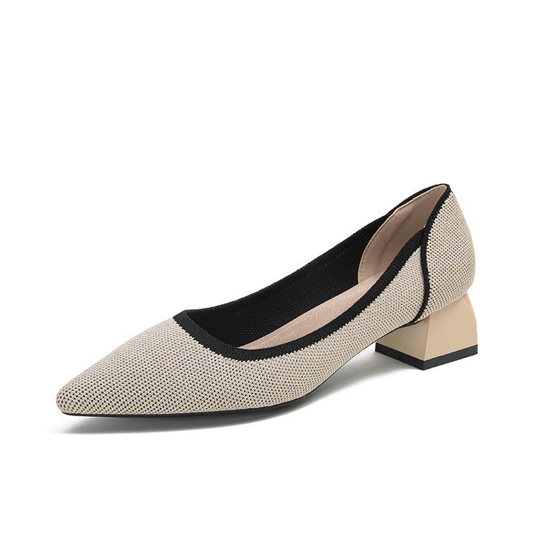 Strength Fashion Versatile Flying Knitting Comfortable Coarse Heel Pointed Small Square Head Knitted Women's Shoes