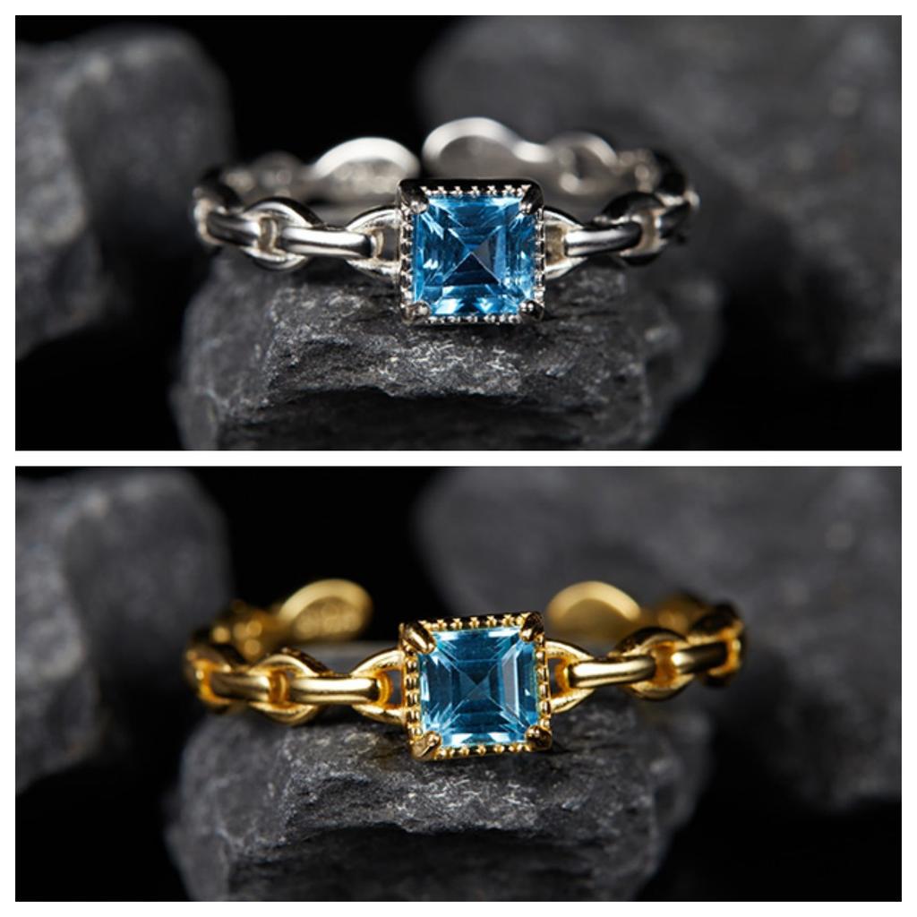 Color Treasure Ring S925 Sterling Silver Inlaid Natural Topaz Sugar Cube Open Ring Ring Fashion High Sense Women