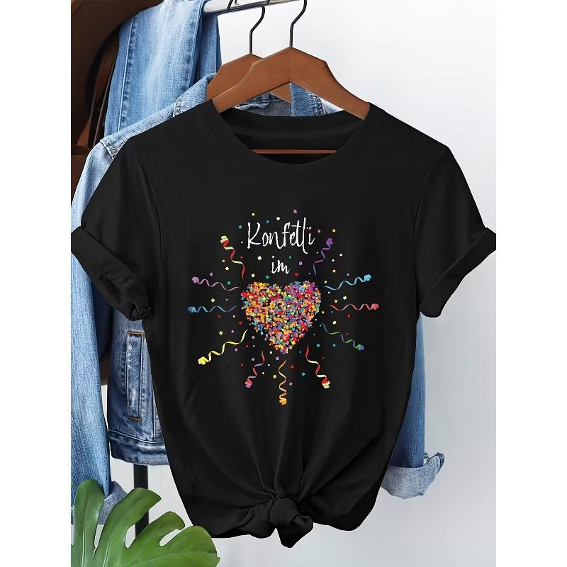 Womens Party Style Confetti Heart German Text Print T Shirt Regular Fit Comfortable Casual Daily Top