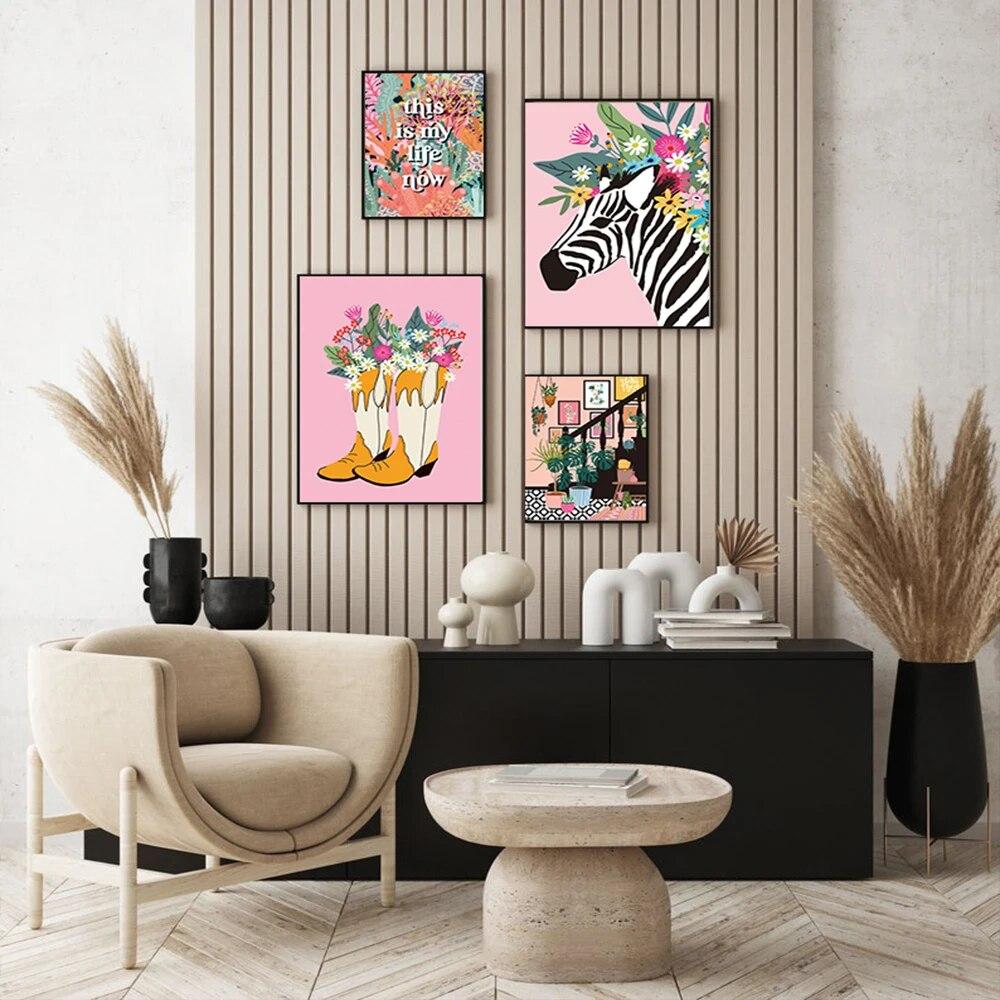 Text Quote Wall Art Canvas Painting Flower Floral Crown Botanical Zebra Posters and Prints Cowboy Boot Bunch Pictures Home Decor No Frame