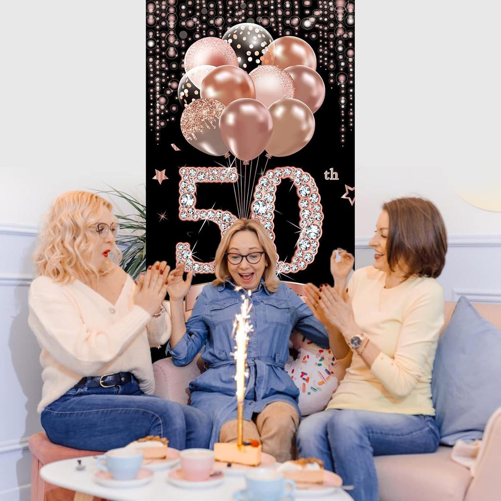 50th Birthday Door Banner Decorations for Women, Rose Gold Happy 50 Birthday Door Cover Sign Party Supplies, Fifty Year Old Bday Photo Props Decor
