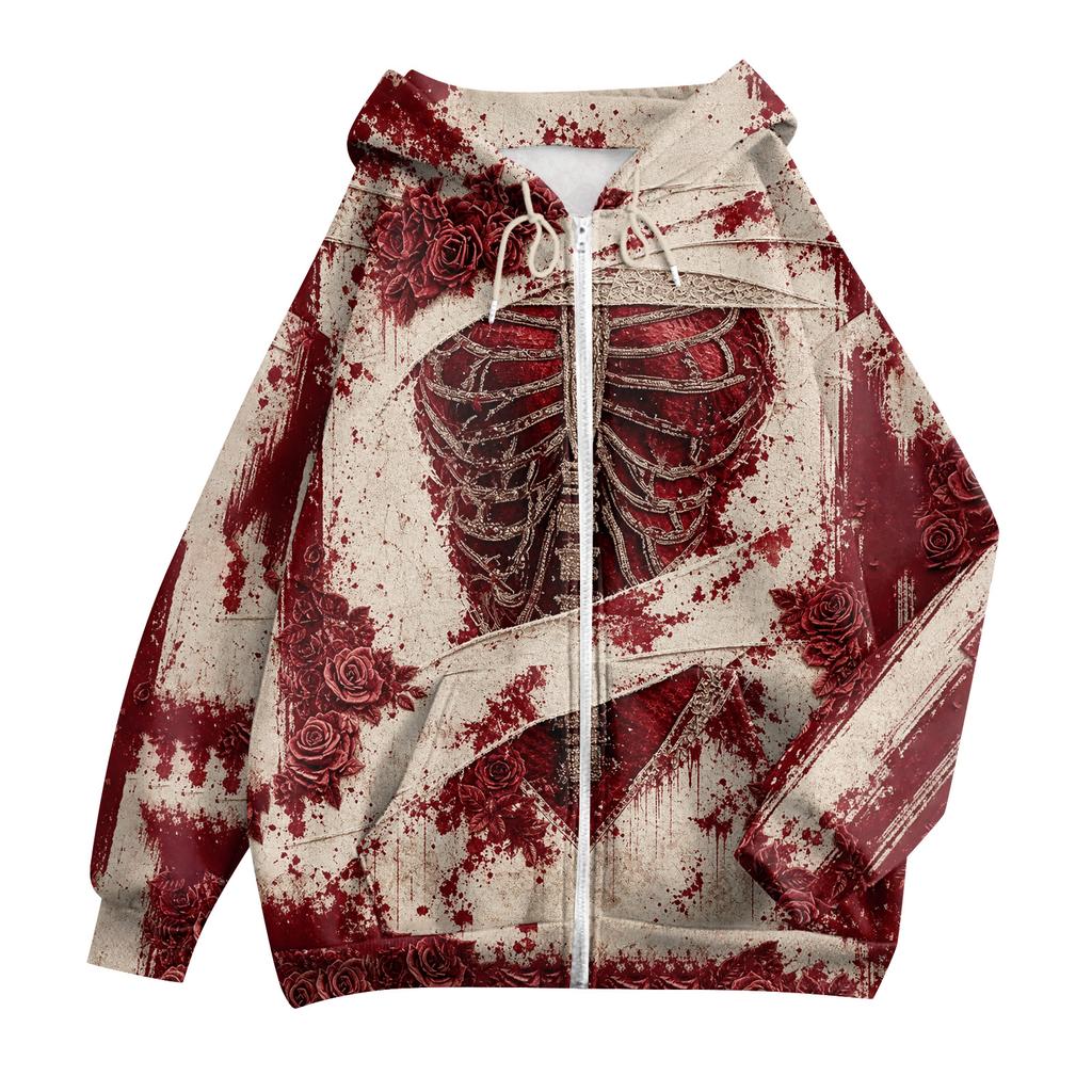 Women's Casual Long Sleeve Zip-Up Hoodie Sweatshirt with Halloween Print