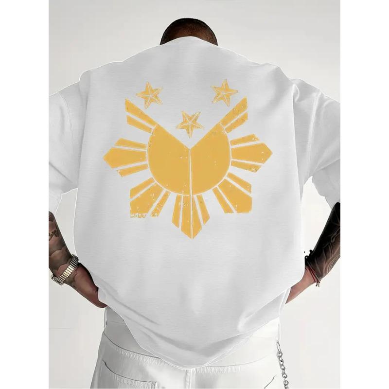 

European sizes Philippines Sun Star Men S Short-Sleeve T-Shirt - Black with Golden Sunflower Patterns And Star Patriotic Designs, Casual Round Neck S белый