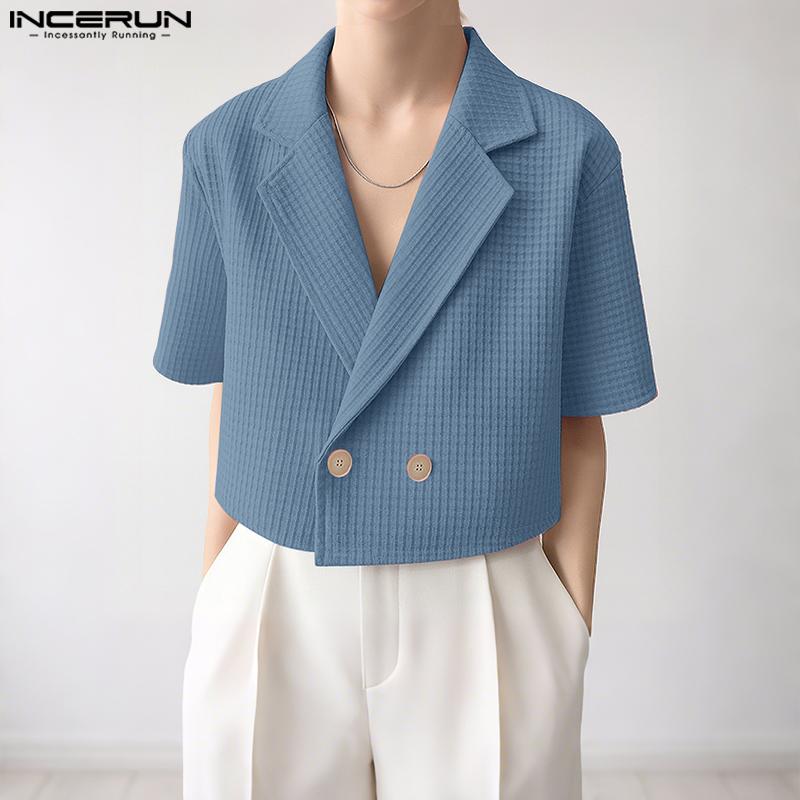 INCERUN Oversized Men Lapel Short Sleeve Casual Thin Texture Cropped Blazer Tops
