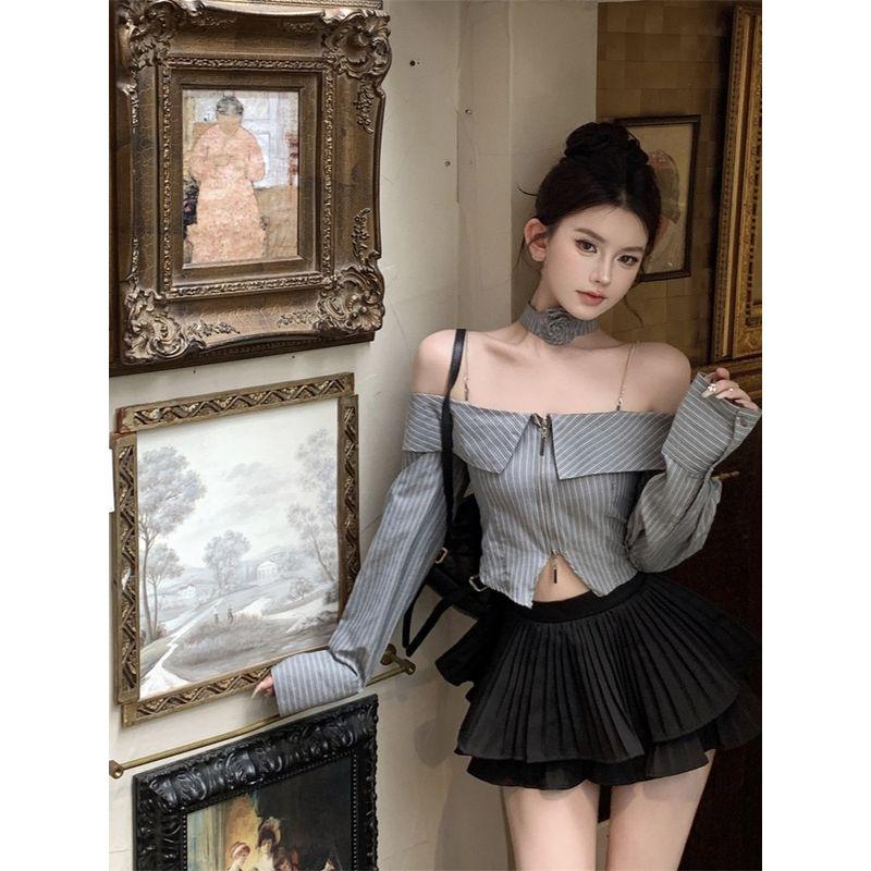 Kumikumi Design Sense off-Shoulder Flower Hanging Neck Stripe Shirts Women Clothes Autumn Slimming Skirt Two-piece Set