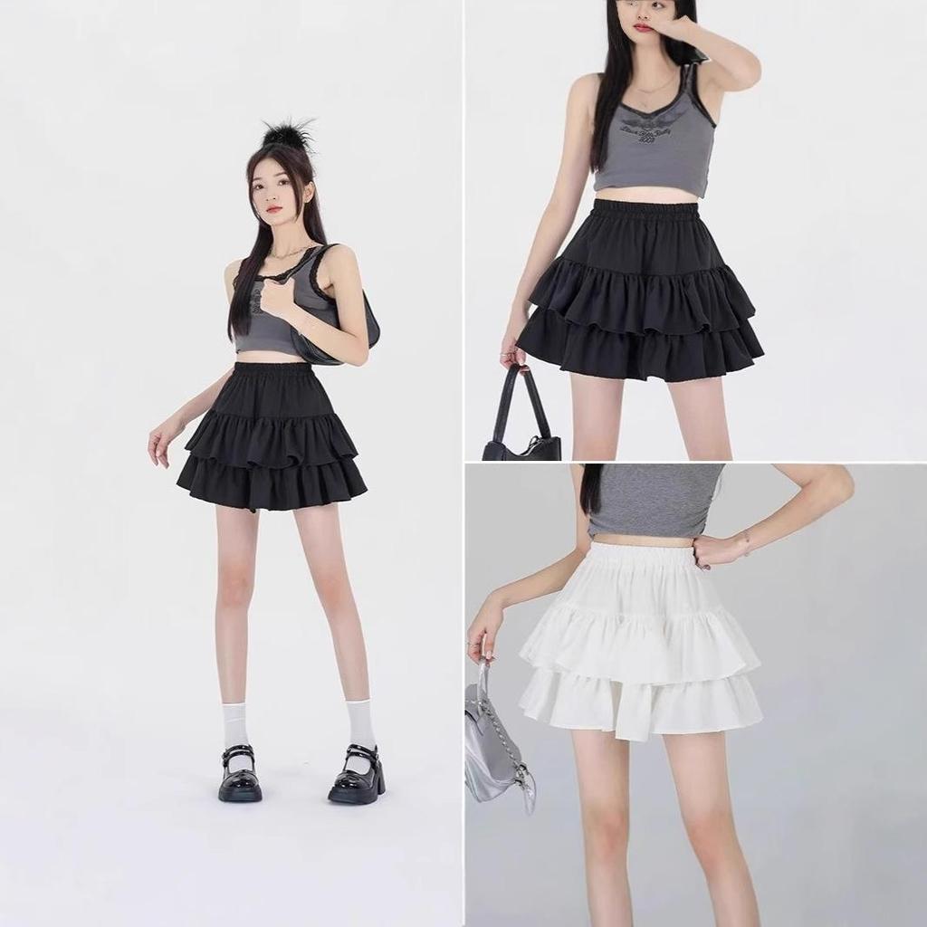 Women's Black Puff Cake A-Line Skirt - High Waist, Anti-Exposure, Slim Fit, Short Summer Skirt