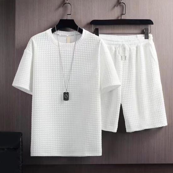 2 szt./zestaw Strój męski Wafelkowa tkanina Jednolity kolor Garnitur sportowy Okrągły dekolt Krótki rękaw Top Szorty ze sznurkiem Zestaw Casualowa odzież sportowa