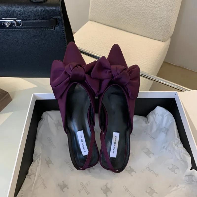 Designer Bow Women's Sandals Pointed Toe Elegant Heels Shoes Summer Mules Shoes 2025 Slingback Dress Slippers Trend New