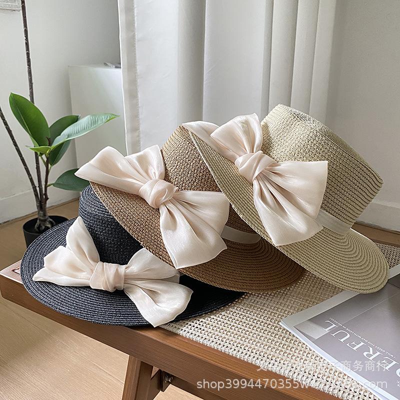Hat Women's New Spring and Summer Straw Bow Straw Hat Versatile Flat Top Sunscreen Sun Hat Tide