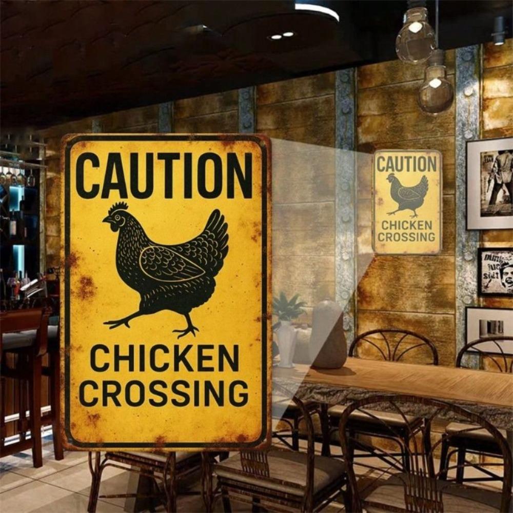 Metal Wall Art Chicken Road Sign Humor Decor 12x8 inch