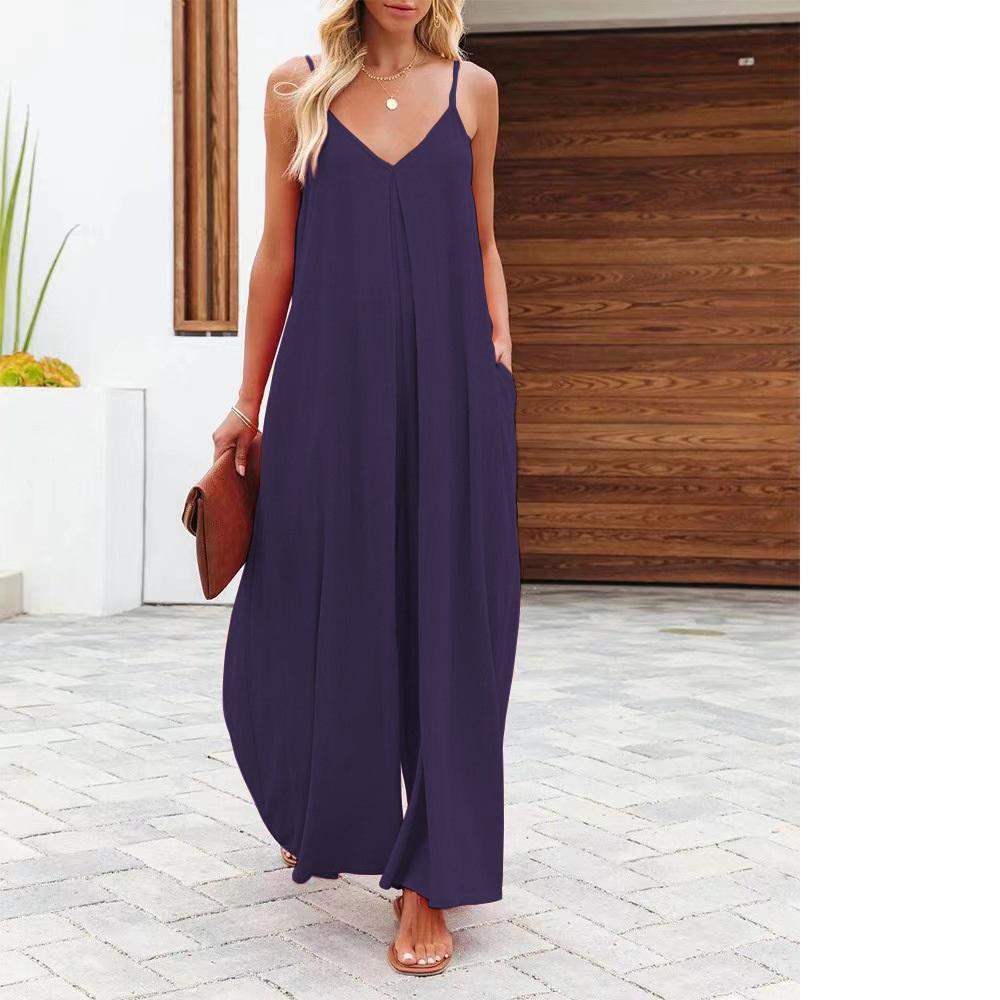 Summer Women Jumpsuit Loose Polyester Sling Solid Color Pocket Wide Leg Lady Jumpsuit Casual Non-fade Sleeveless Women Romper