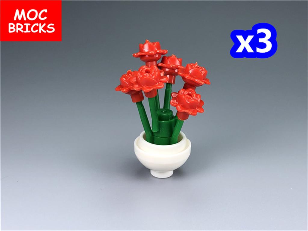 Kit MOC Blocks Flower Pot Rose Plant Garden City Decor Construction Bricks Assembles Particles Children's Playthings