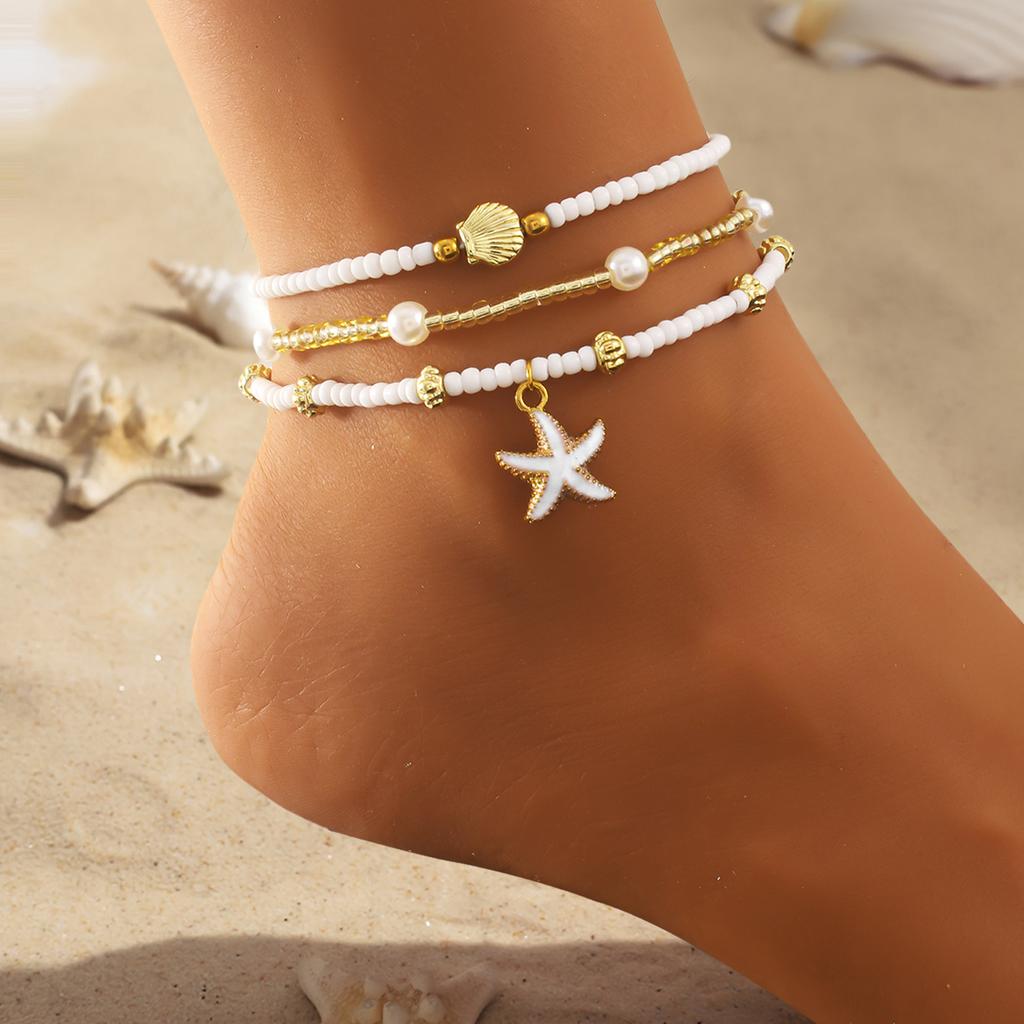 Summer Bohemian Triple Layered Ankle Chain Fashion Starfish Shell Pendant Handmade Seed Beads Women's Beach Party Foot Zircon