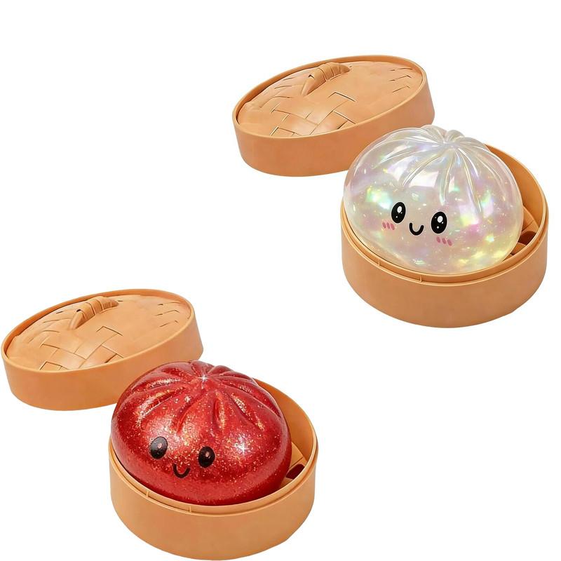Glitter Dumplings Stress Relief Toy Cute Steamed Bun Squishy Toy with Steamer Box Fidget Toy Soft Slow Resilience Stress Relief Sensory Squeeze Toy