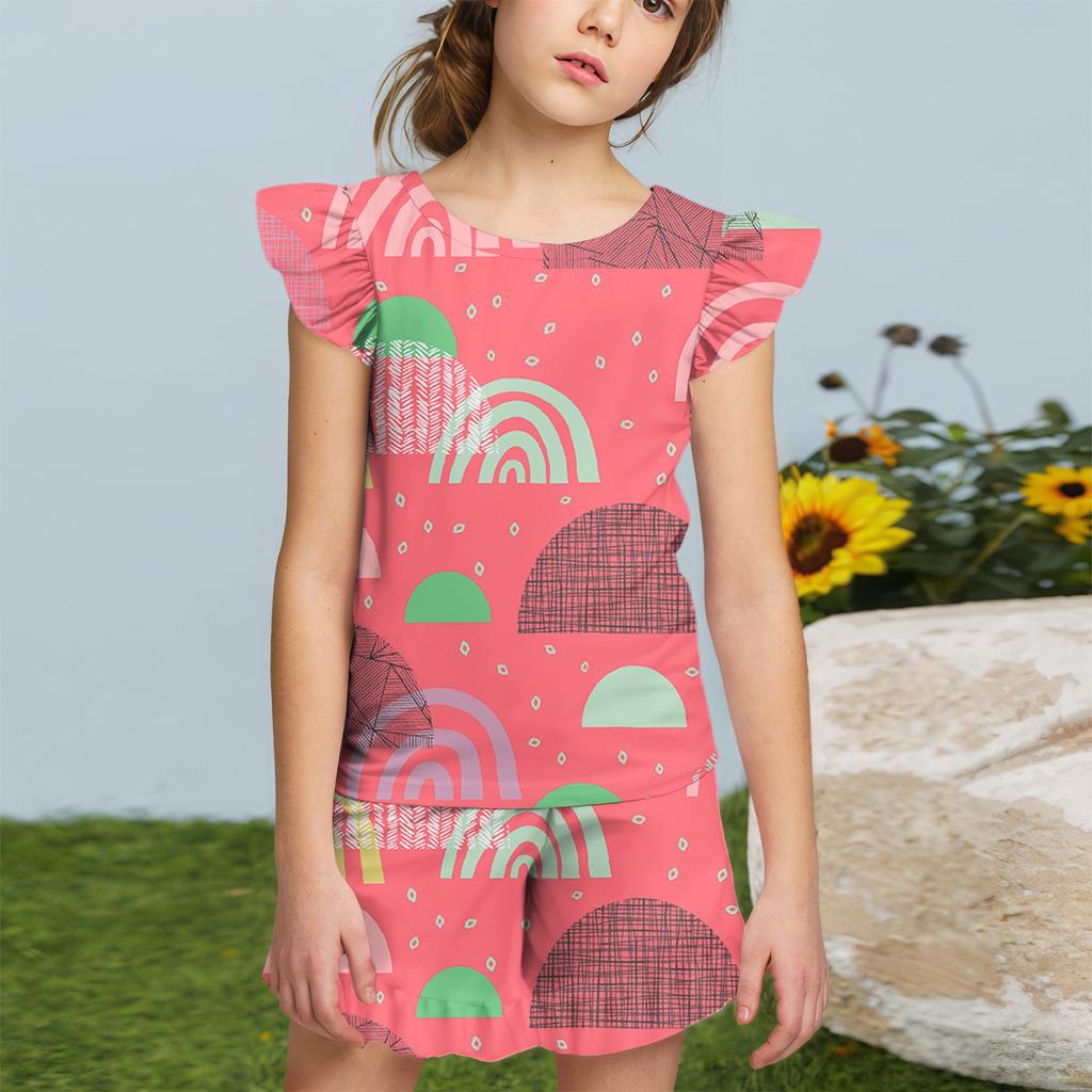 Summer Girls Cute Suit Flying Sleeves T-shirt Top + Ruffled Shorts Daily Outdoor Wear Cute Casual Fashion 2-Piece Set