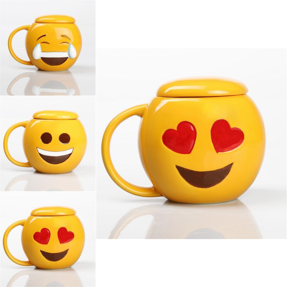 Cartoon Emoji Ceramic Mug With Smile Face And Lid For Office Use