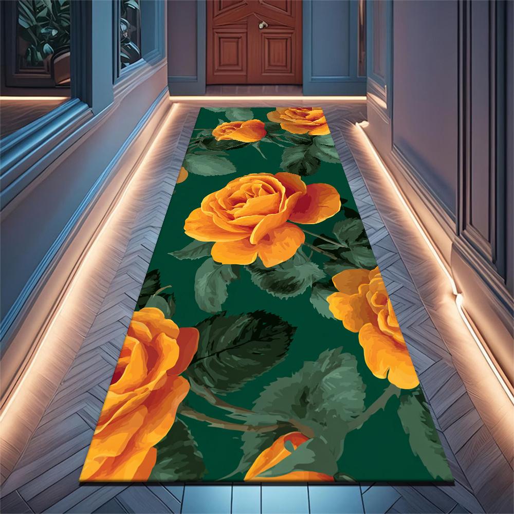 1Pcs Orange-Yellow Roses And Green Leaves Non-Slip Washable Area Rug Runner for Entryway, Living Room, Bedroom & Patio