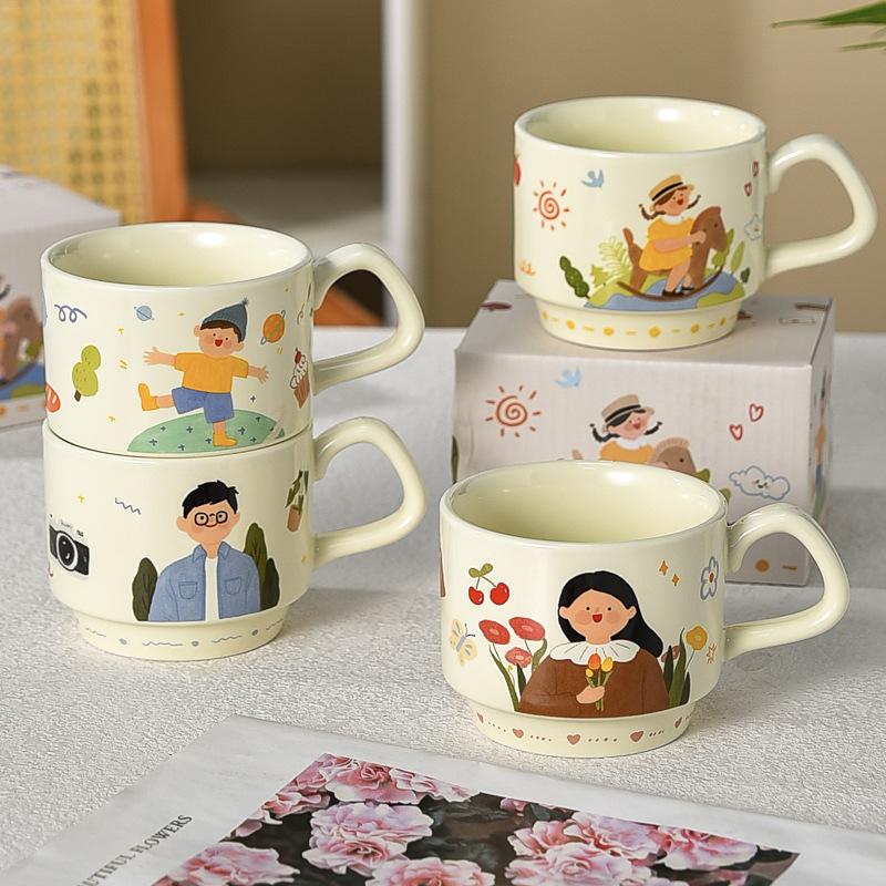Cute Cup Stacked Cup Ceramic Mug Household Parent Child Cup Family Four-piece Cup Children's Milk Breakfast Cup
