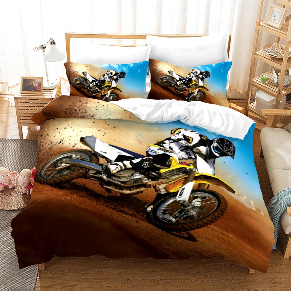 3D-Rennbahn-Motorrad-Bettwäsche-Set, Transportfahrzeug, Bettbezug und Kissenbezug, volle Größe, schnell trocknend, Heimdekoration für Jungenzimmer