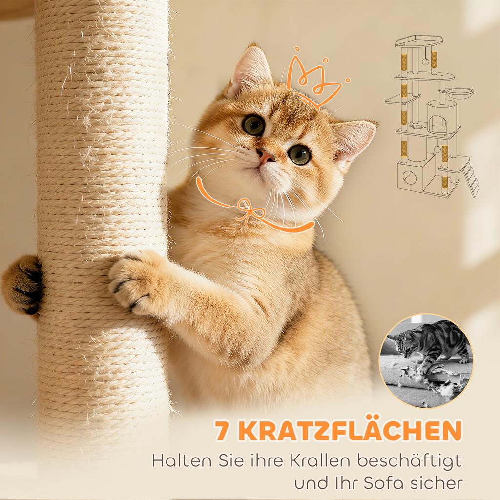 170 Cm Large Cat Tree, Cat Tower with 7 Scratching Posts, Tunnel, 2 Condos, Hammock, Perch, Ramp, Pompoms, Light Grey