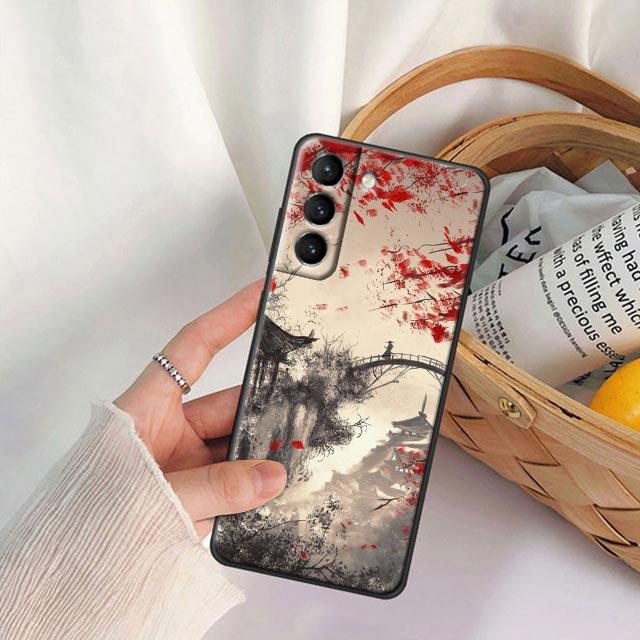 Japanese Style Art Ukiyo-e Phone Case For Samsung Galaxy S25 S24 Ultra S23 Plus S20 S21 FE S22 S24FE 5G Cases Black Soft Cover
