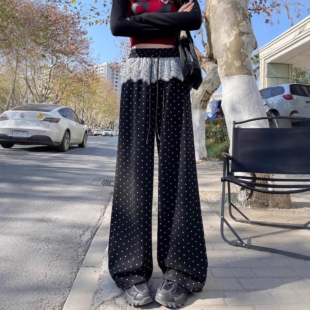 Women's Grey Polka Dot Lace Patchwork Wide-Leg High Waist Floor-Length Pants for Spring and Autumn