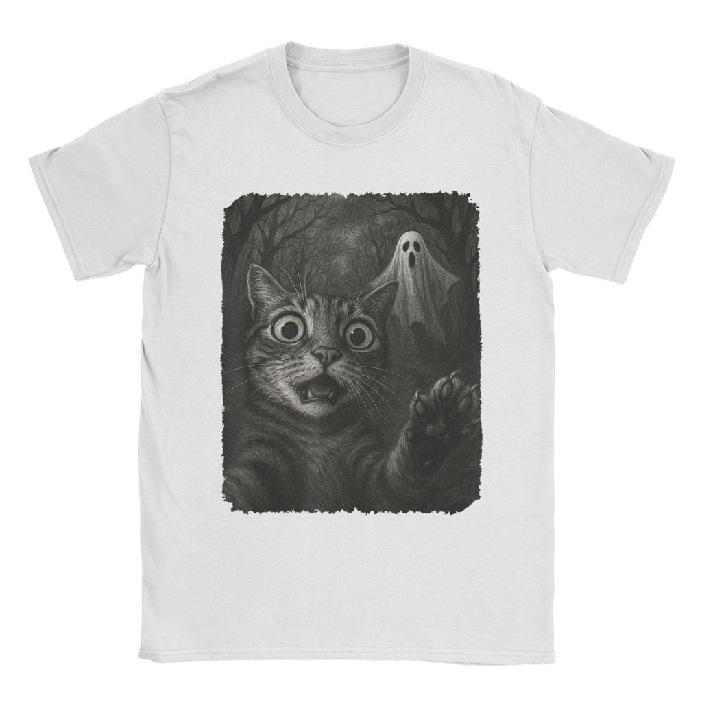 Men T-Shirt Cat Selfie with Spooky Ghost Funny 100% Cotton Tee Short Sleeve Funny Halloween T Shirts Round Neck Clothes Graphic