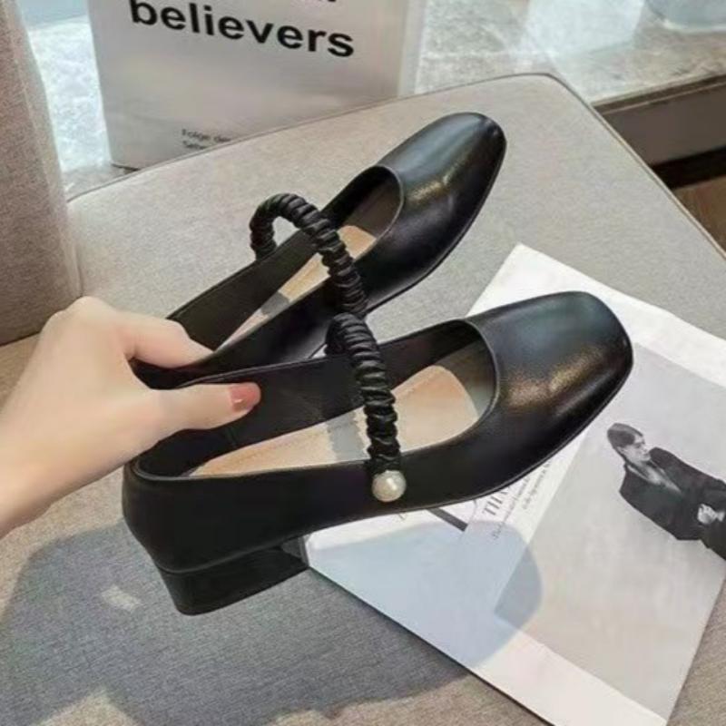 Mary Jane Women's Shoes Summer Medium and High Heel French Evening Style Small Leather Shoes Thin Single Shoes