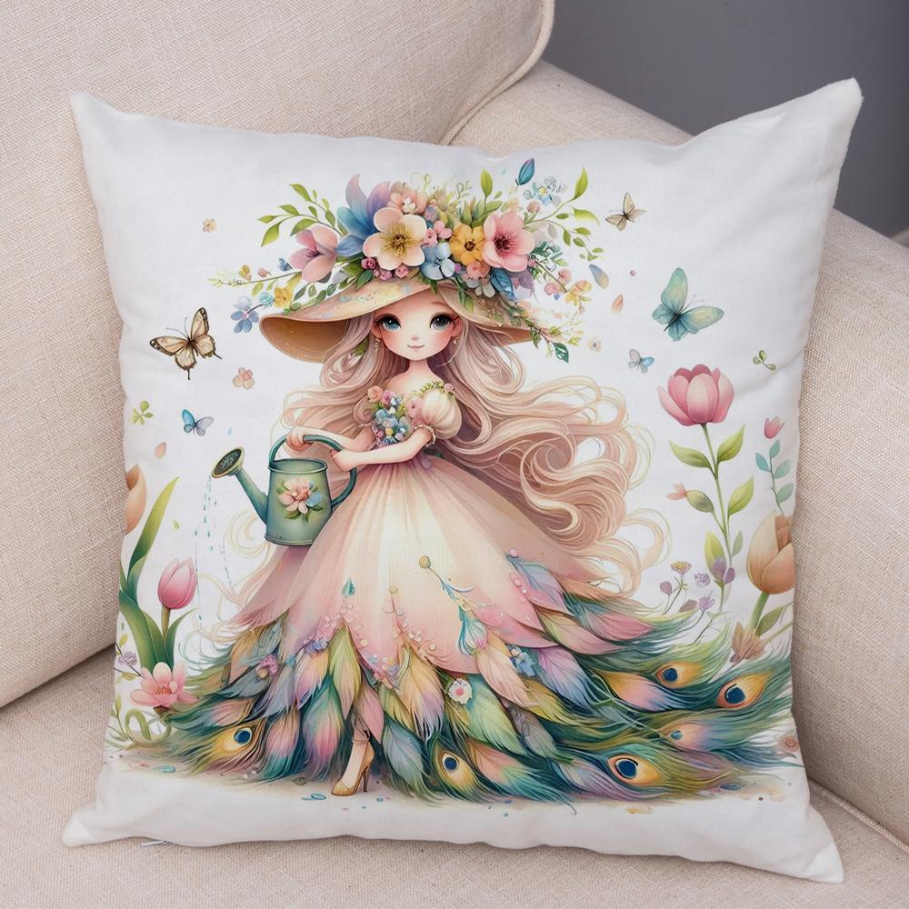 Pfau Blumenmädchen Kissenbezug Doppelseitiger Druck Kissenbezug Dekor Niedlich Cartoon Kind Weicher Plüsch Kissenbezug für Sofa Zuhause 45x45cm