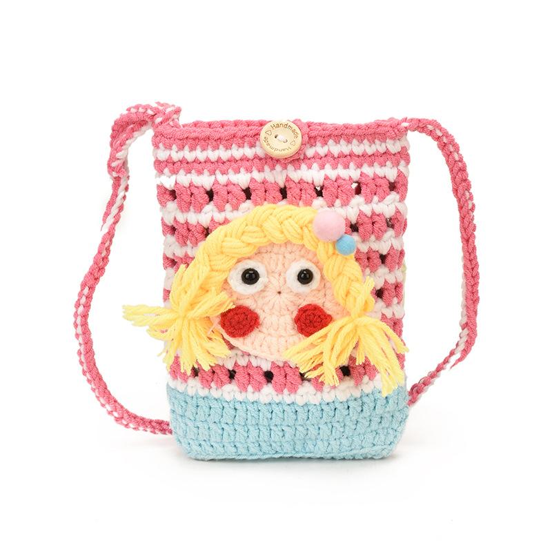 Cartoon Little Girl Single-shoulder Bag Hand-knitted Girls' and Boys' Cross-body Bag for Children, Small Children's Wallet
