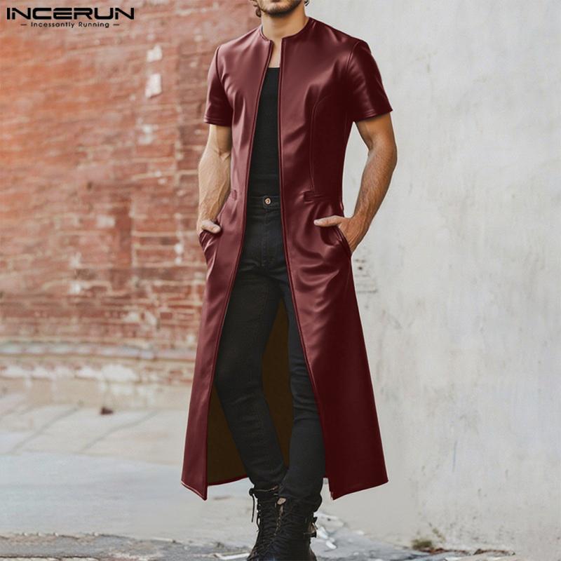INCERUN Men Short Sleeve PU Open Front Faux Leather Long Cardigan Coats