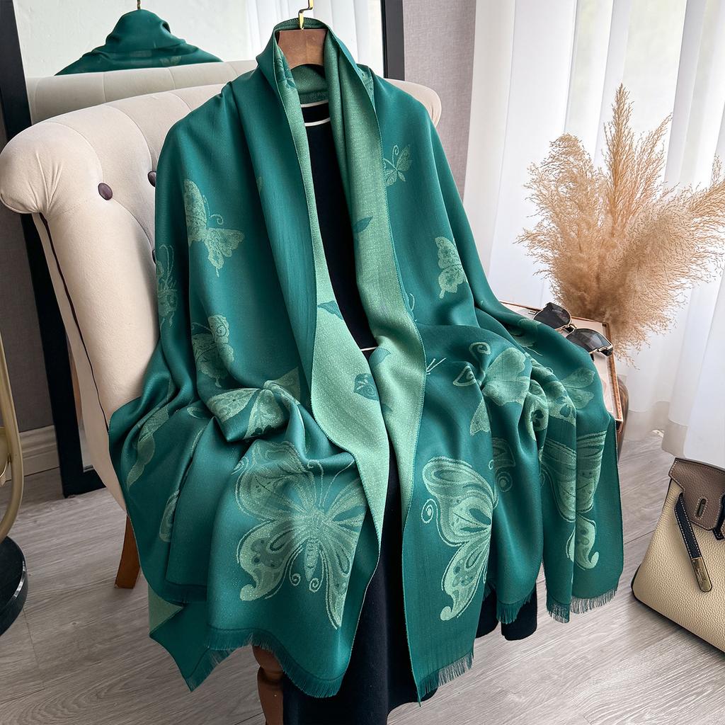 Butterfly Retro Trend Tencel Cotton Women'S Thermal Scarf Double-Sided Two-Color Fashion Shawl Silk Scarf