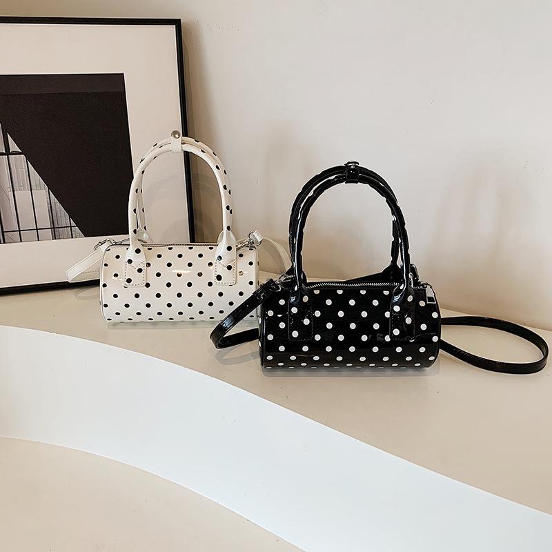 Chic Black & White Polka Dot Stylish Cylinder Crossbody Bag Braided Handle PU Leather Zip Closure Versatile Messenger Bag for Women AVE