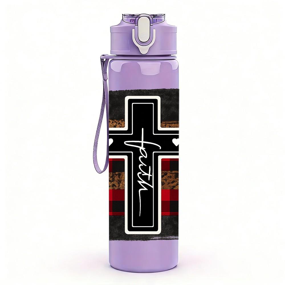 1PC Plaid Cross Religious Print 750ml Color Plastic Sports Water Bottle Leakproof Flip Straw Lid Suitable for Sports Office Home Use