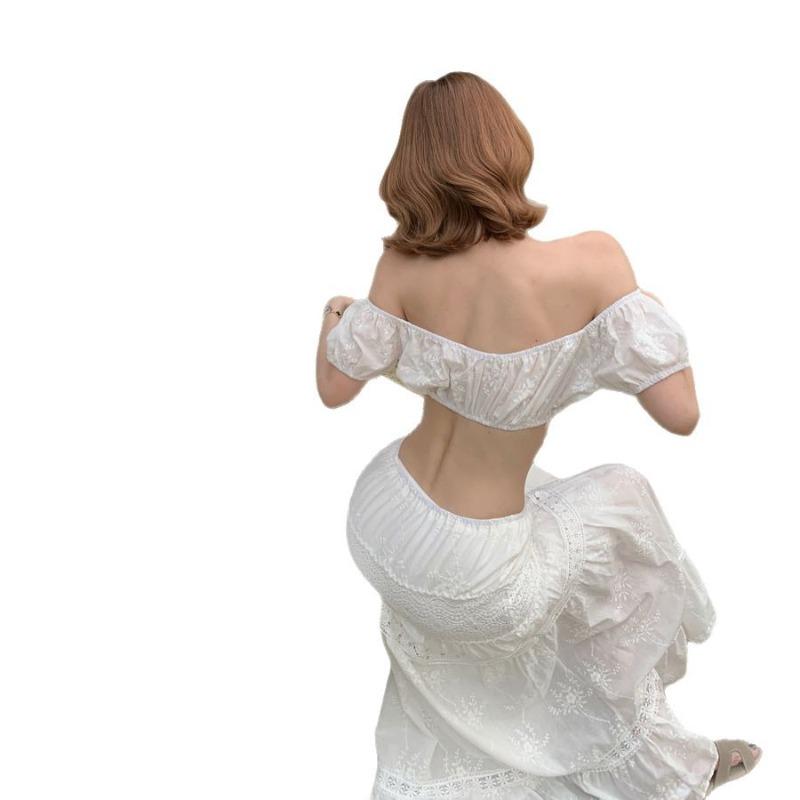 Seaside Vacation Two-piece Suit Women's Summer Sexy One-word Shoulder Tube Top White High-waisted Skirt