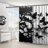 1pc Black and white butterfly and floral patterned shower curtain, polyester fabric, with hooks, suitable for bathroom décor.