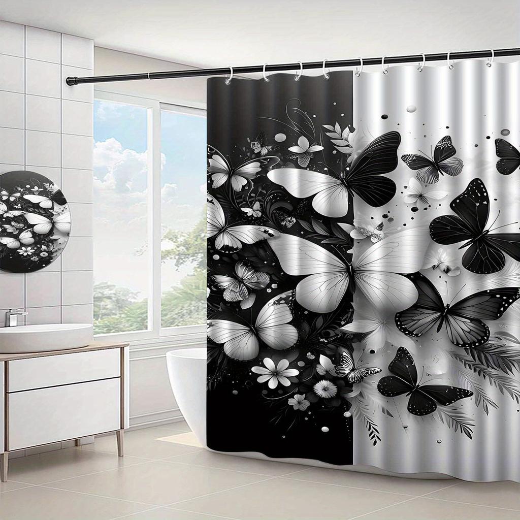 1pc Black and white butterfly and floral patterned shower curtain, polyester fabric, with hooks, suitable for bathroom décor.