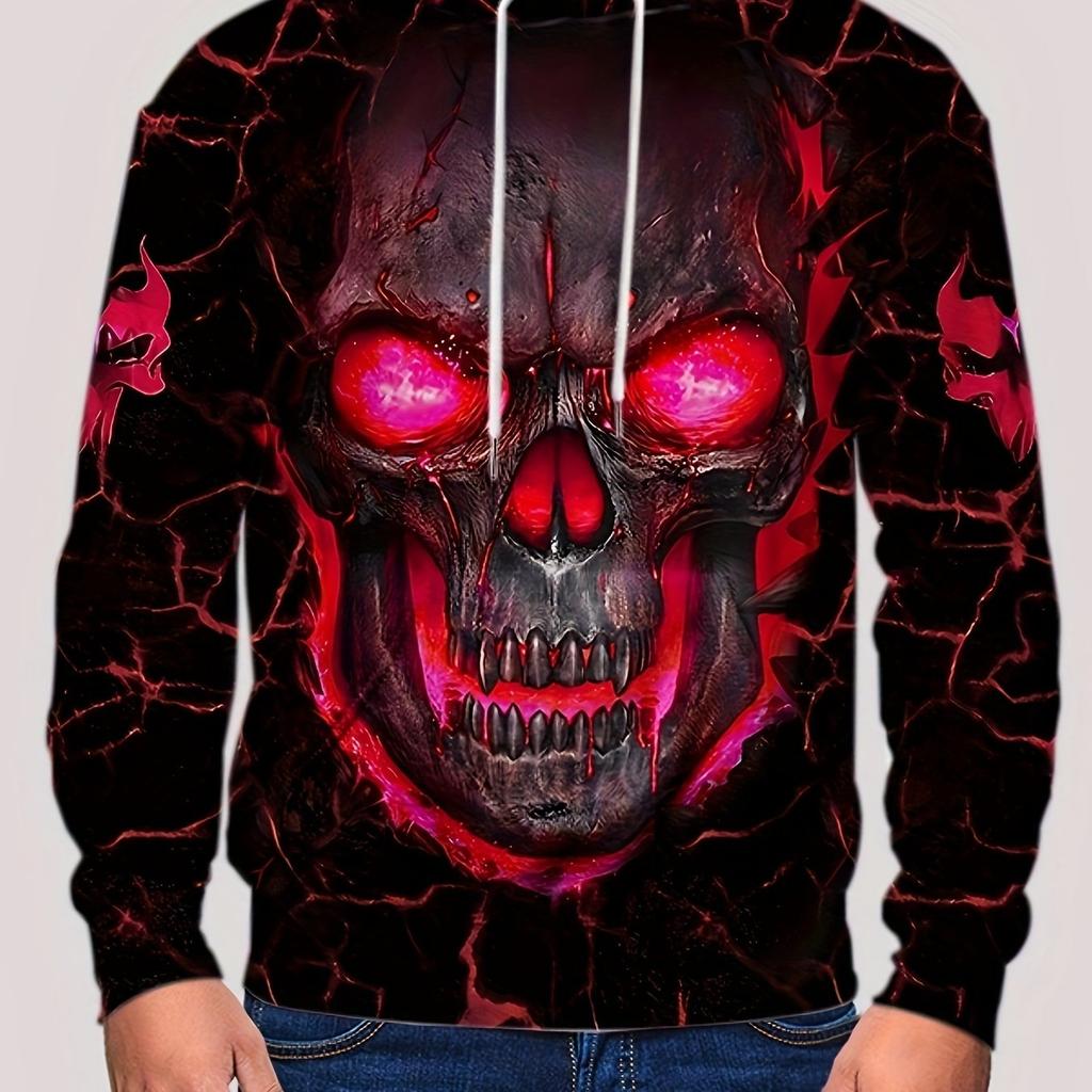 Men's 3D Evil Skull Print Hoodie - Casual Graphic Design Pullover Sweatshirt with Kangaroo Pocket for Winter and Fall Streetwear - Cool Gift Idea