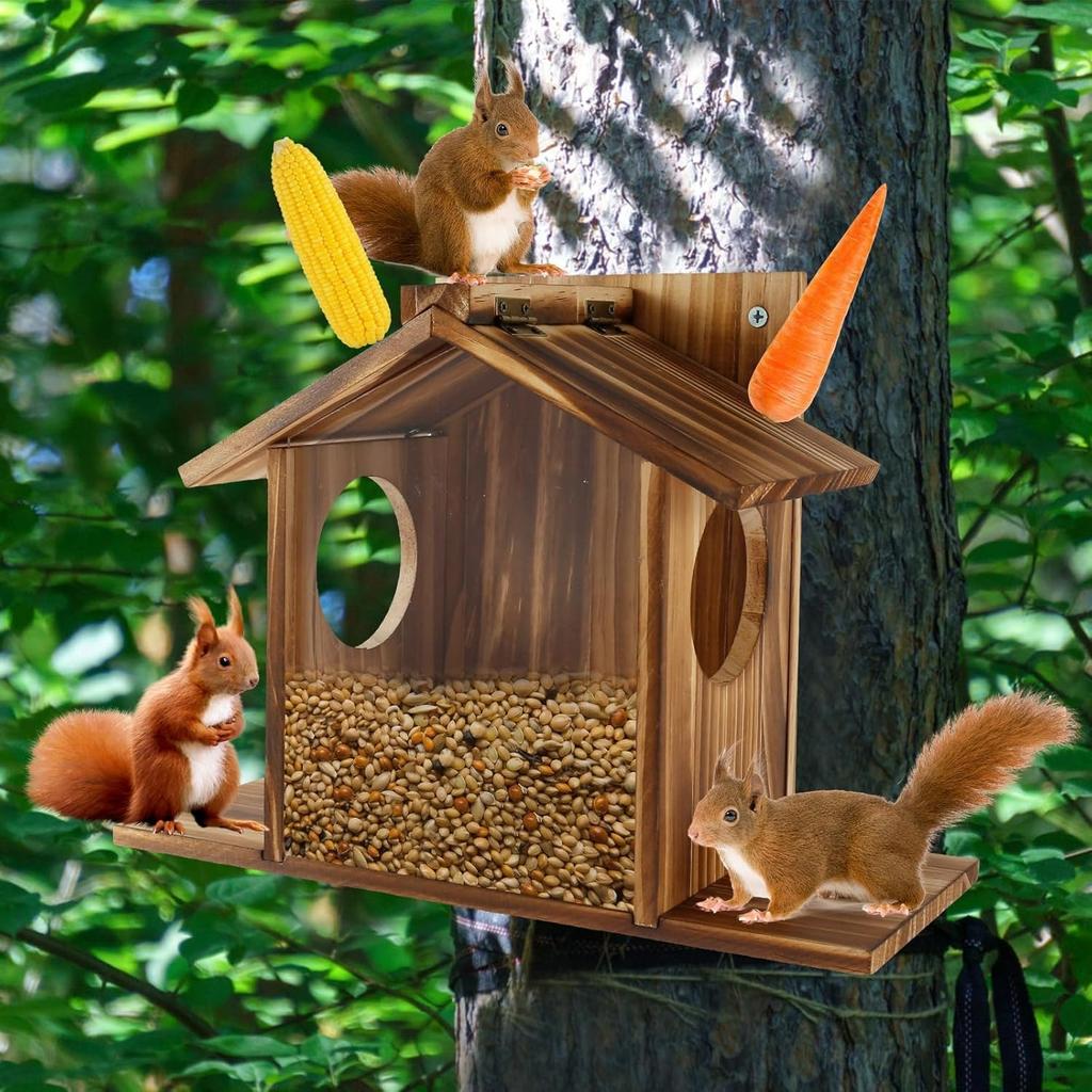 Wood Squirrel Feeder House for Outside Tree - Large Capacity Feeding Station for Squirrels,Chipmunks - Hanging House for Garden,Backyard,Window