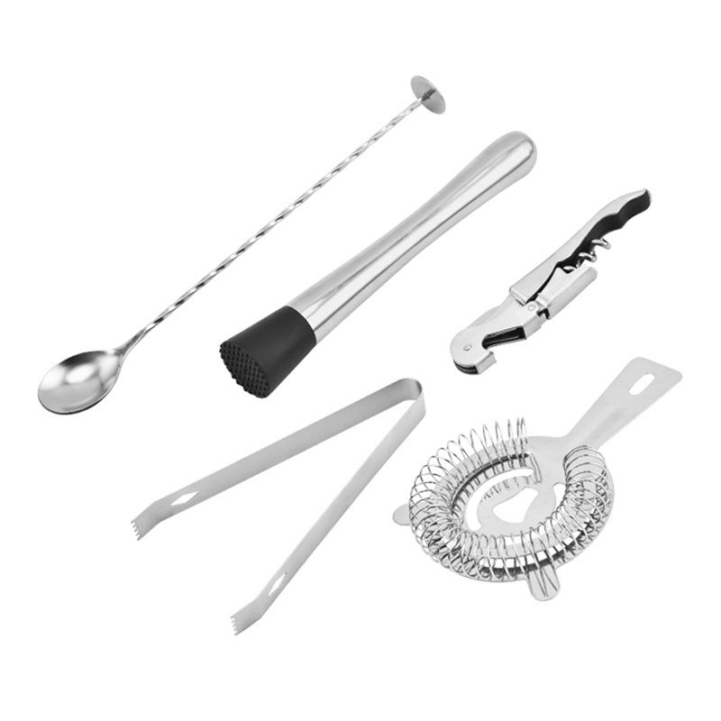 

AEE2-5Pcs Professional Bar Tools, Ice Strainer, Cocktail Bartending Tool Set, Wine Bottle Opener, Stirring Spoon серебряный
