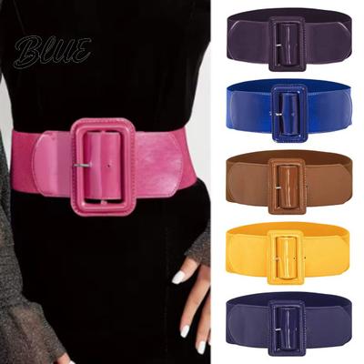 Faux Leather Belt Adjustable Size Women Belt Wide Elastic Waistband Waist Defining with Square Buckle Stretchy Dress Fashion Accessory Buckle