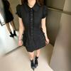 Dark Blue Lace Splicing Shirt Dress Women's Summer New Vintage Vintage Wear Waist Short Skirt