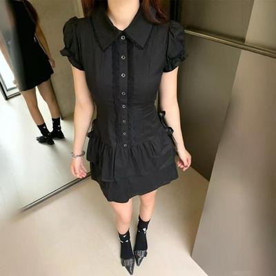 Dunkelblaues Spitzen-Spleiß-Hemdkleid Damen Sommer neu Vintage Vintage-Kleidung Taille kurzer Rock