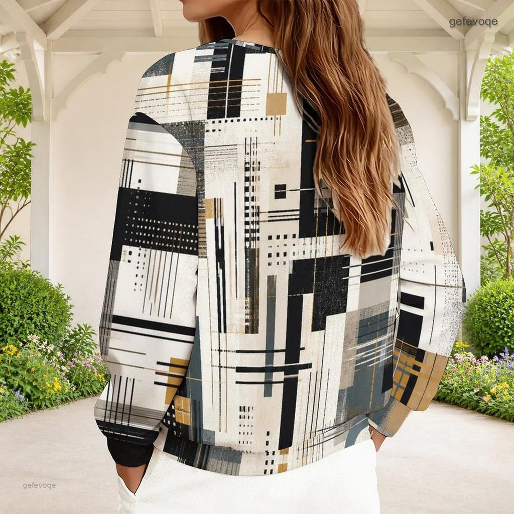 Women Plus Size V Neck Front Zip Geometric Printed Long Sleeve Ribbed Cuffs Sweatshirt