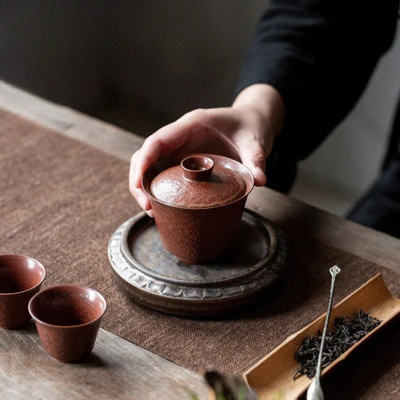 150ml Handmade Kiln Fambe Rusty Red Gaiwan Luxury Tea Tureen Tea Bowl With Lid Kit Tea Making Cover Bowl Drinkware Collection