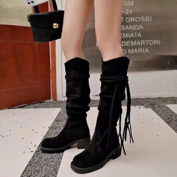 Vintage střapce dámské westernové kozačky ke koleni módní nazouvací boty podzim zima silný podpatek dámské rytířské dlouhé kotníkové boty