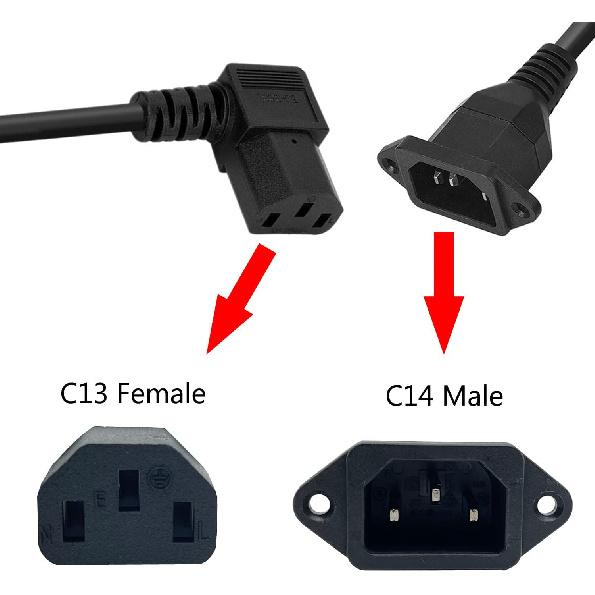 C14 to C13 Panel Mount Power Cable, 90 Degree Left IEC 320 C13 Female to C14 Male PDU Power Supply Extension Cord, for Computer LED HDTV Monitor and