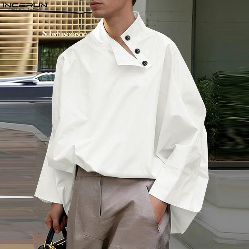 INCERUN Camicie Casual da Uomo Oversize con Collo Stretto a Manica Lunga e Bottoni Laterali Top