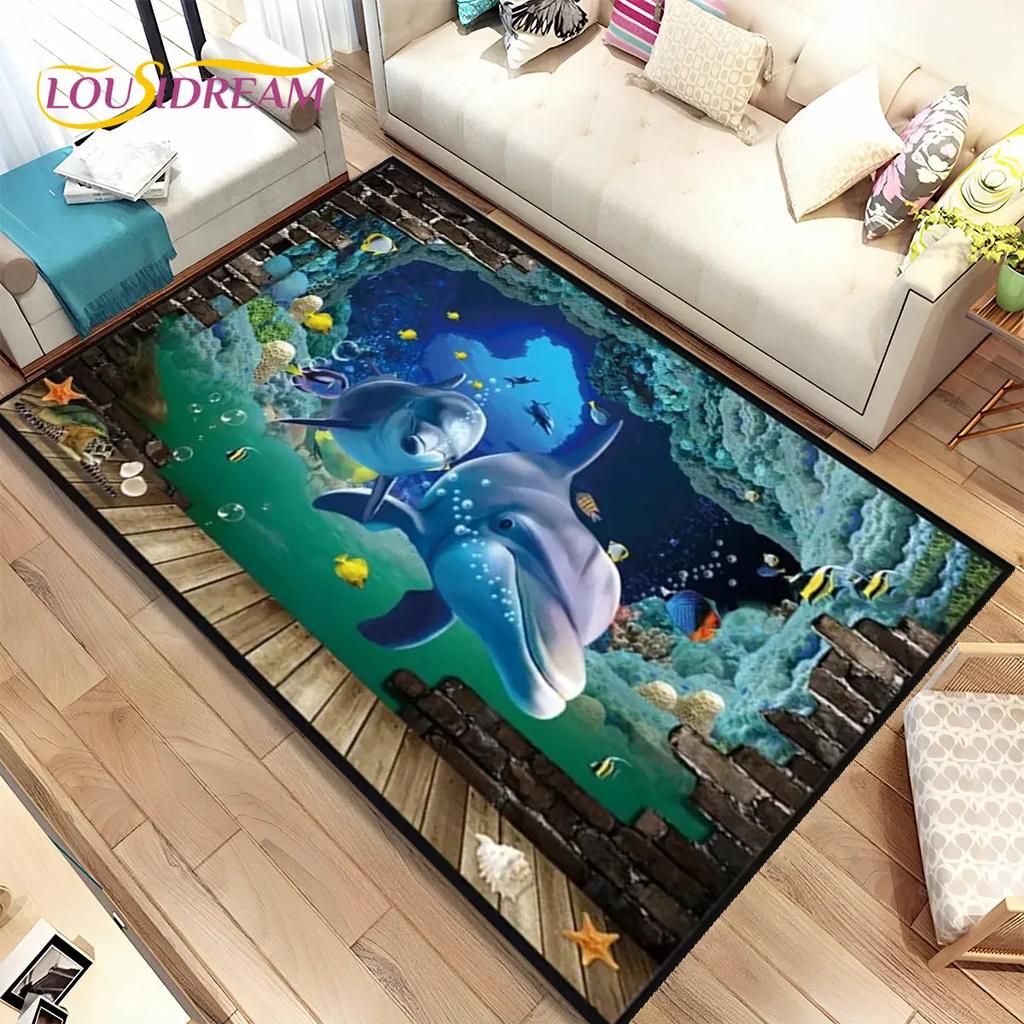 3D Illusion Seabed Underwater World Dolphin Shark Area Rug,Carpet Rug for Living Room Bedroom Sofa Doormat,Non-slip Floor Mat